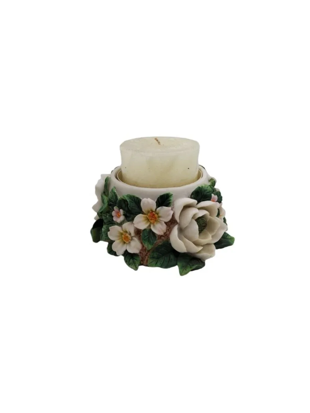 vintage 1990s beautiful resin floral candle holder with candle 5.5